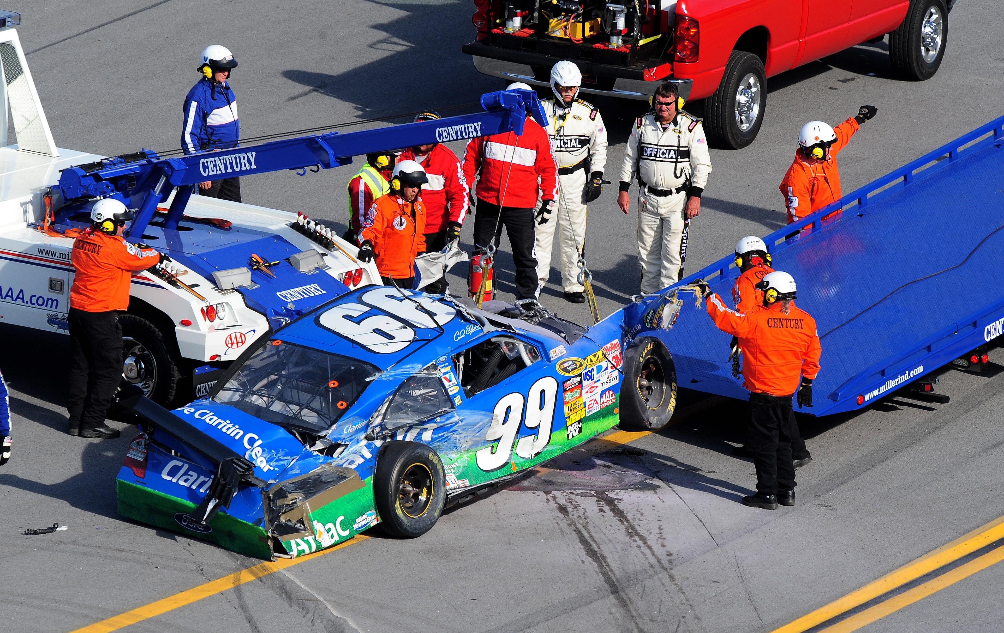 NASCAR Cup Series driver Carl Edwards' 99 car after a crash in the 2009 Aaron's 499. Source: Imagn